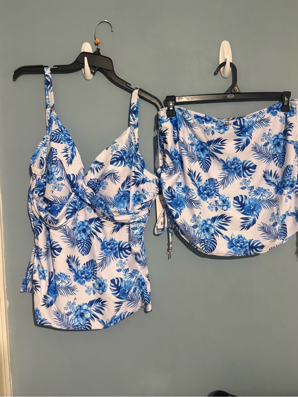 Nicole Miller White and Blue Floral Tankini Top with Skirt - Picture 3 of 10